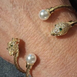 Elegant Gold and Pearl Cuff Bracelet Fox & Serpent With Emerald Eyes